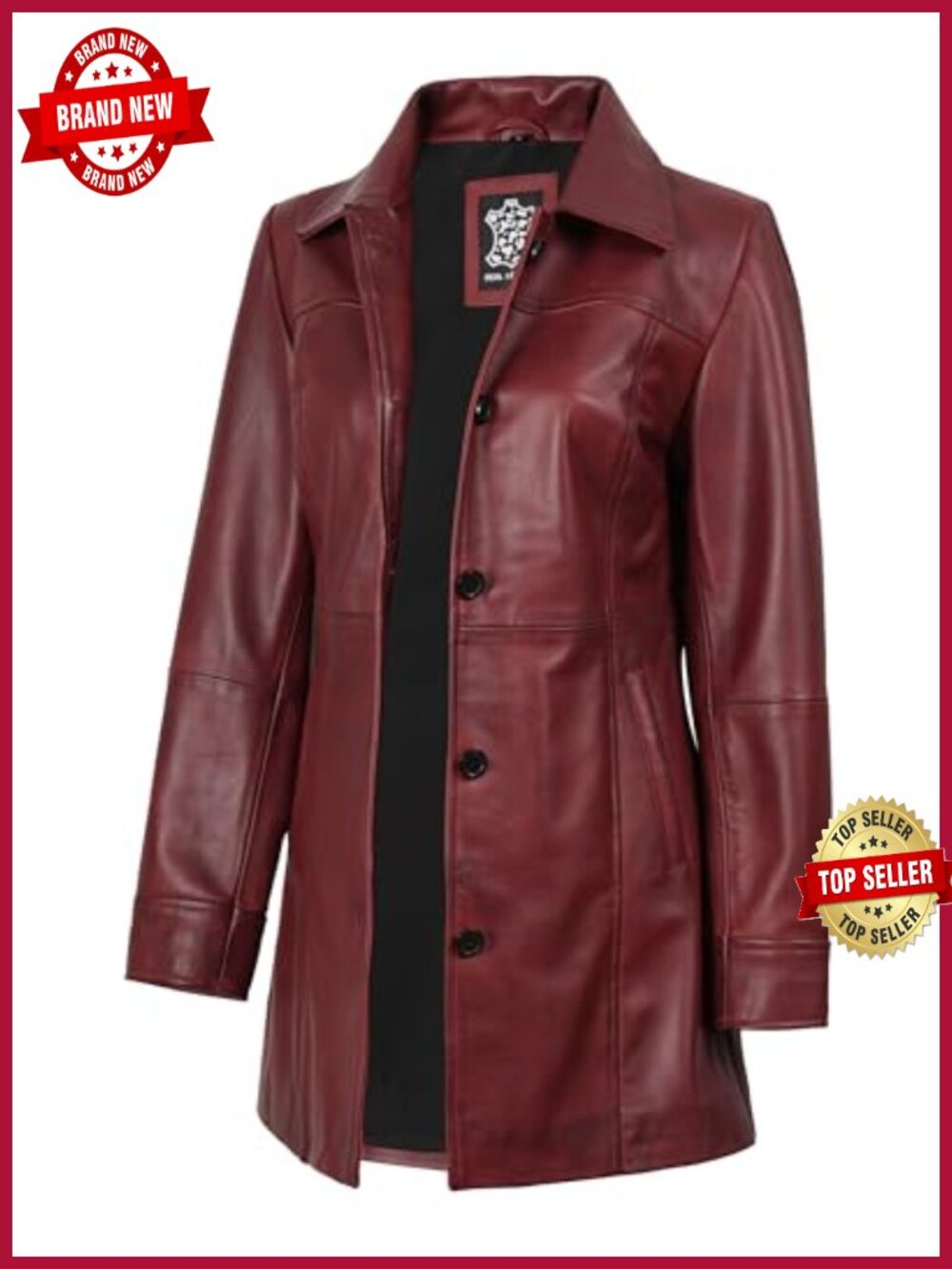 Real Lambskin Leather Jacket 3/4 Length Car Coat Button Closure